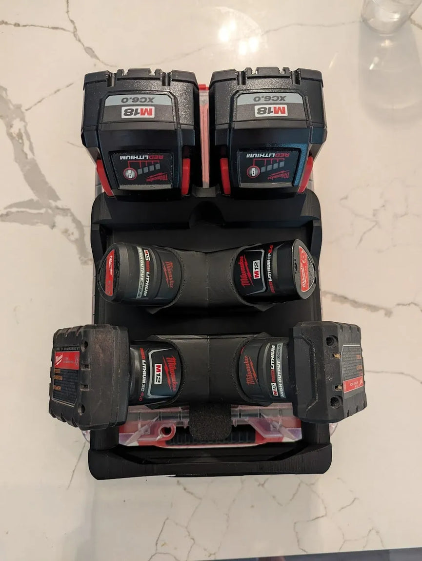 M12/M18 PACKOUT Battery Caddy — PETG 3D Printed Holder (4 × M12 + 2 × M18)