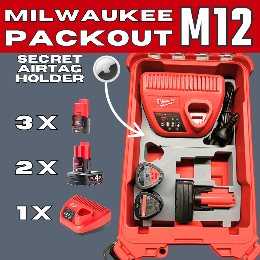 Milwaukee PACKOUT M12 Battery & Charger Organizer Insert with Hidden AirTag Holder (3D Printed)