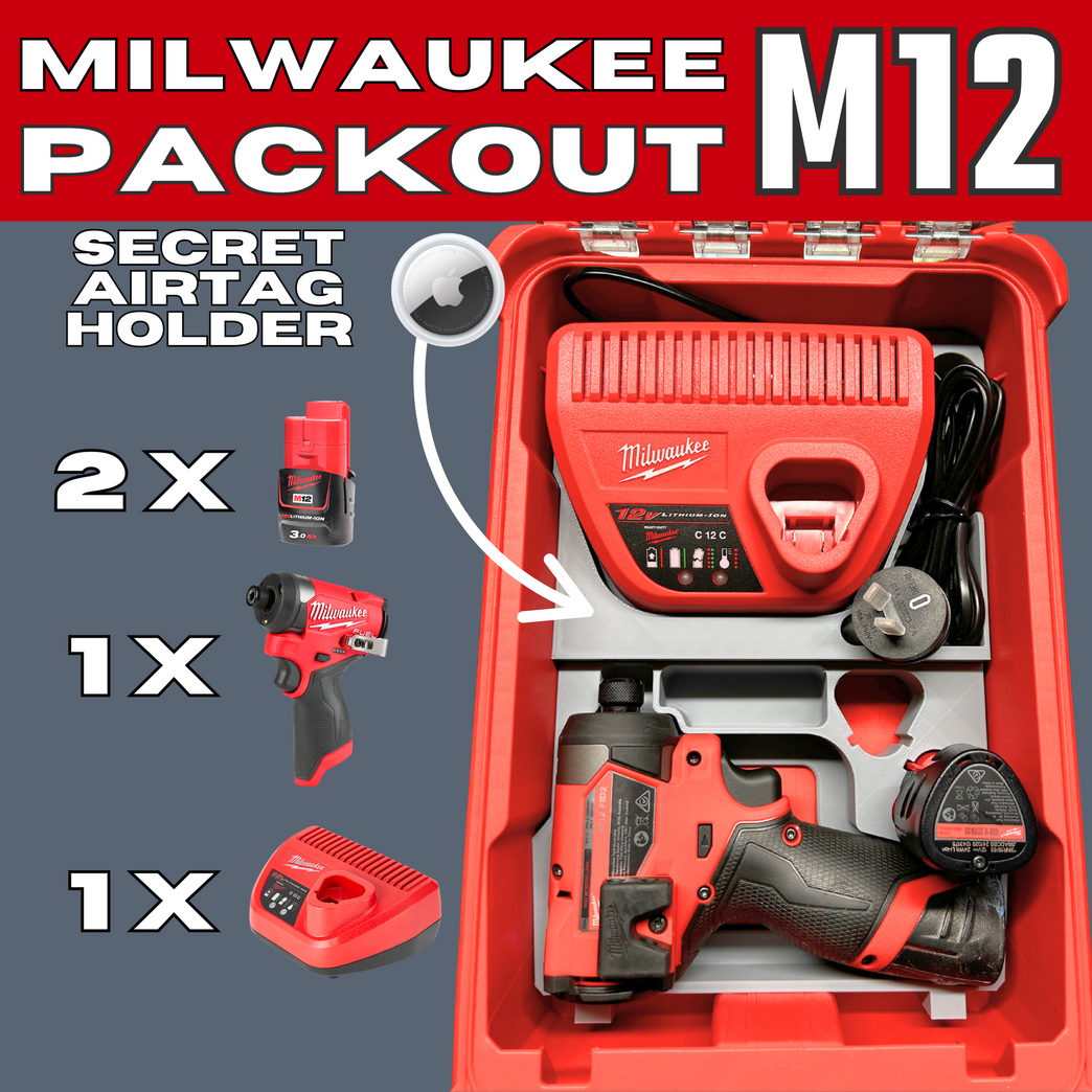 Milwaukee PACKOUT M12 Drill & Battery Organizer Insert with Hidden AirTag Holder (3D Printed)