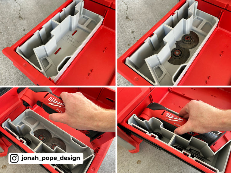 Milwaukee PACKOUT 3-Drawer 48228443 M18 FUEL Multi-Tool Slimline drawer insert (Left section) - tool and blade storage layout