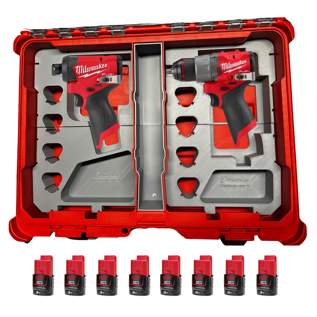 Milwaukee PACKOUT Insert – M12 Dual Tool Holder for Drill & Impact with Battery Slots (3D Printed)