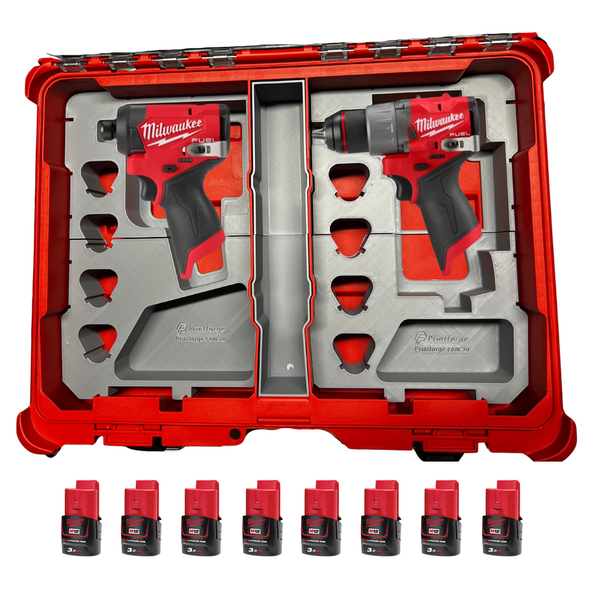 Milwaukee PACKOUT Insert – M12 Dual Tool Holder for Drill & Impact with Battery Slots (3D Printed)