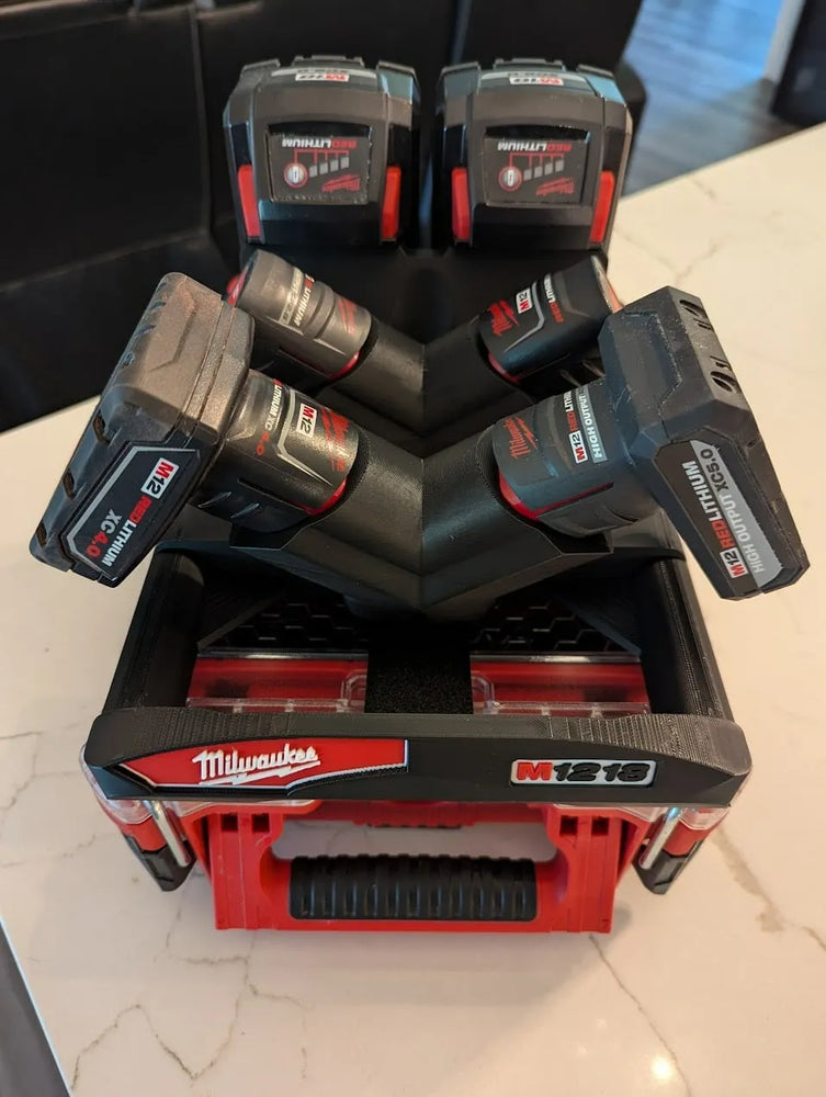 M12/M18 PACKOUT Battery Caddy — PETG 3D Printed Holder (4 × M12 + 2 × M18)