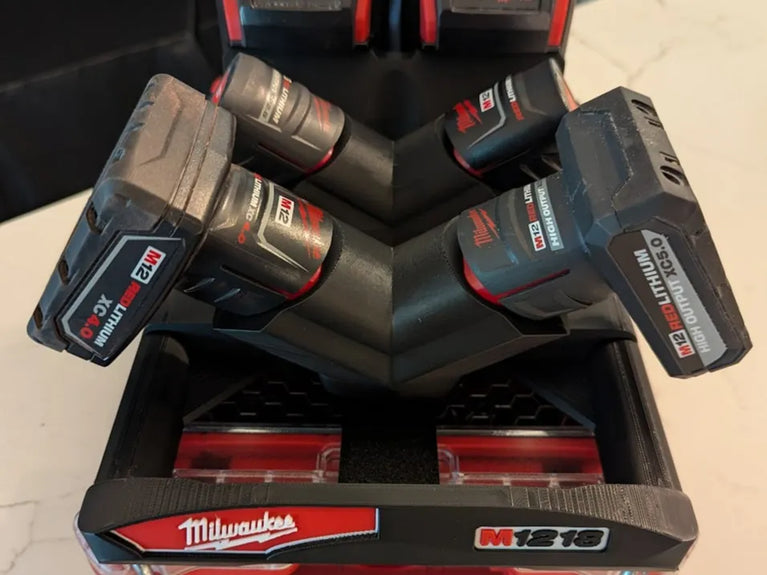 M12/M18 PACKOUT Battery Caddy — PETG 3D Printed Holder (4 × M12 + 2 × M18)