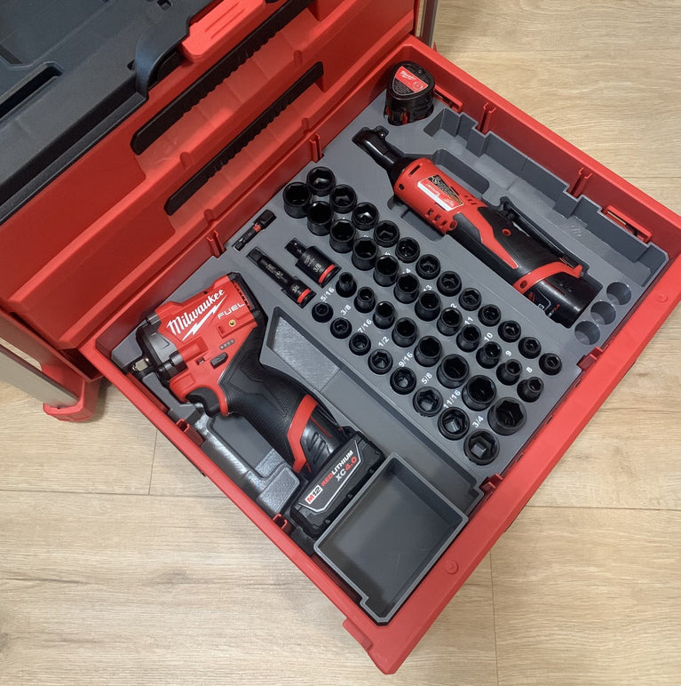 Milwaukee PACKOUT Drawer Insert Combo – M12 Ratchet, Gen 2 Stubby Impact & 43pc Insert | PACKOUT